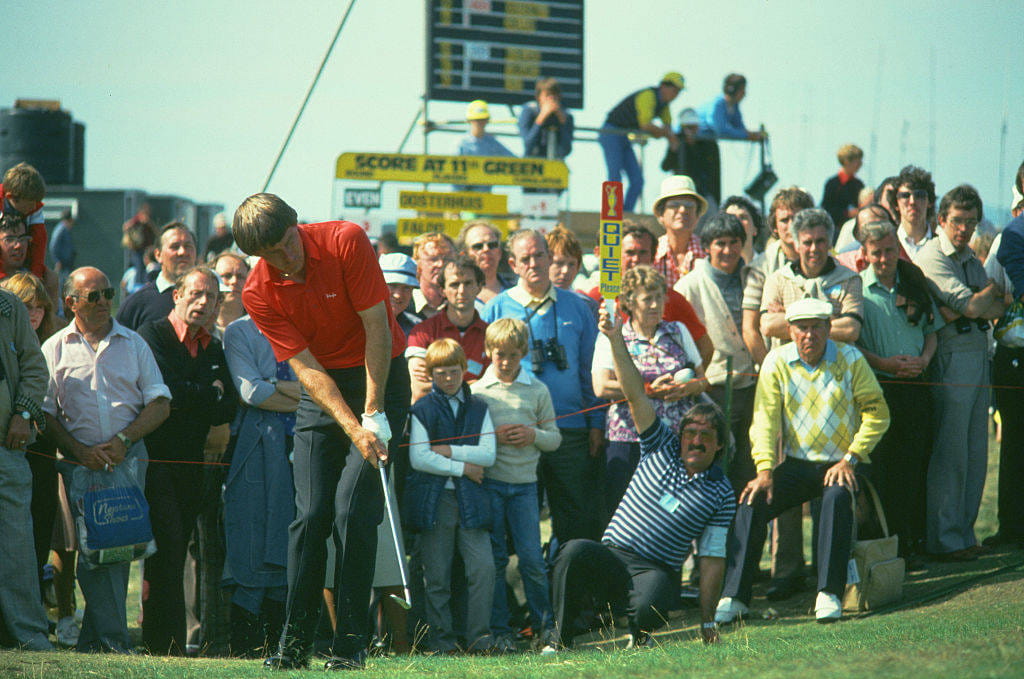 A group of fans watch Nick Faldo at Royal Troon in 1982